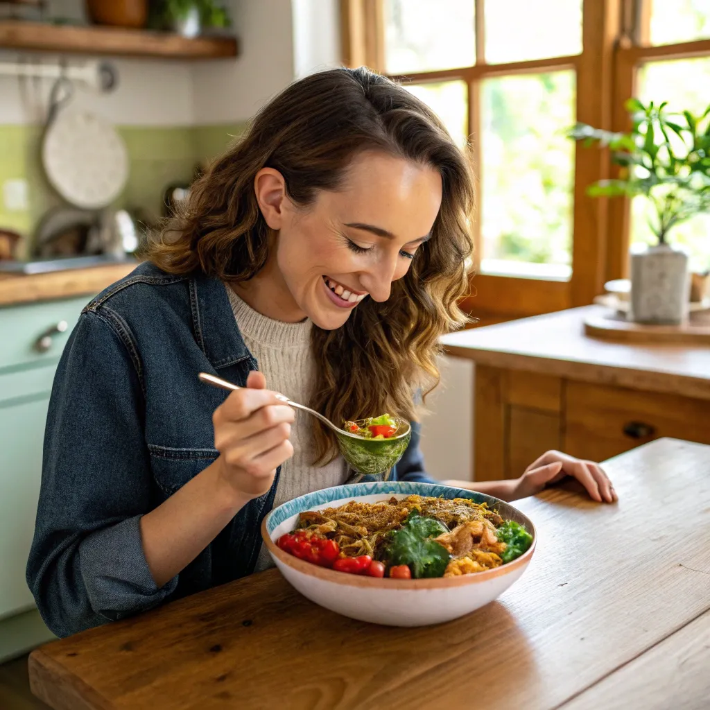 Jessica enjoying her vegan dish