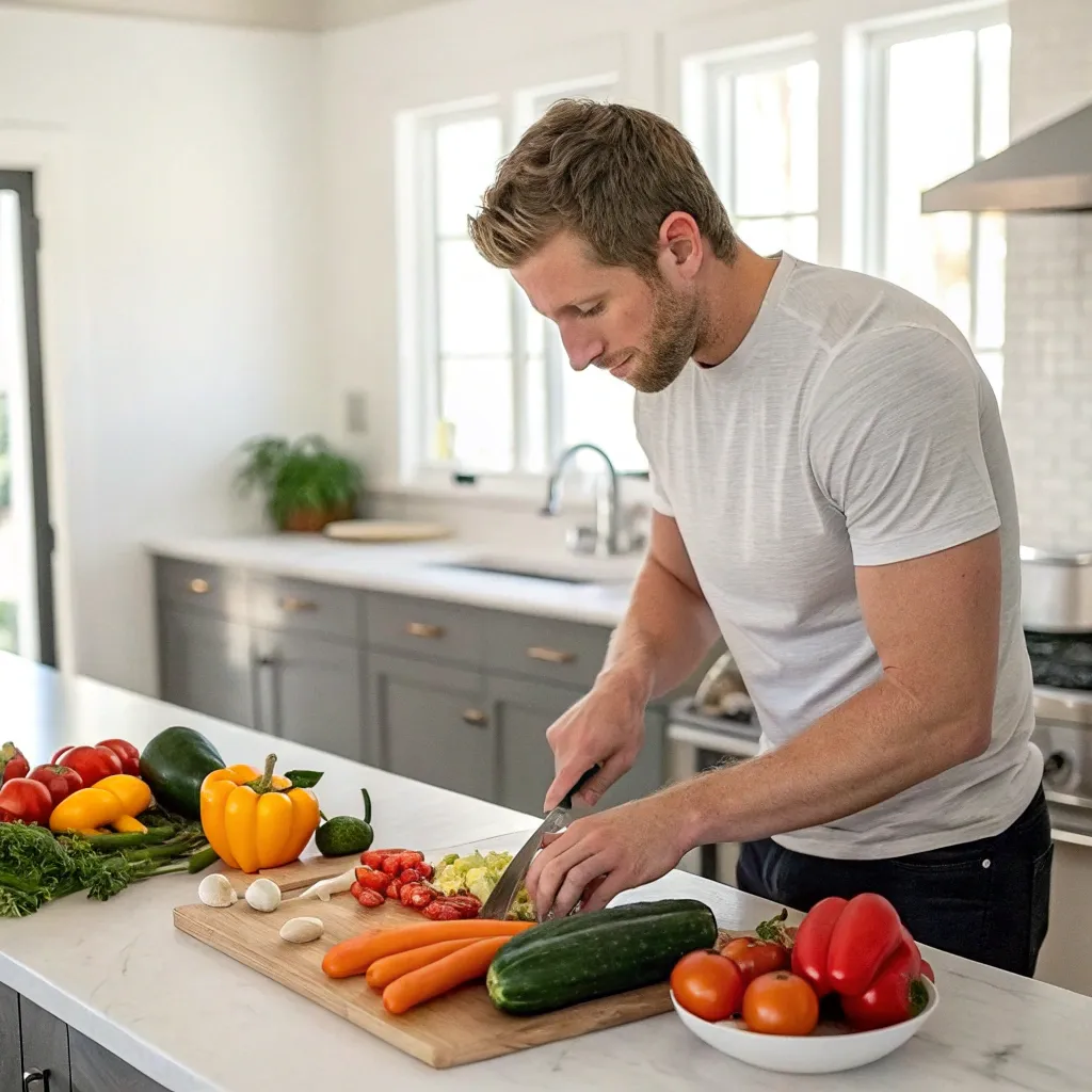 Ryan cooking with fresh vegetables